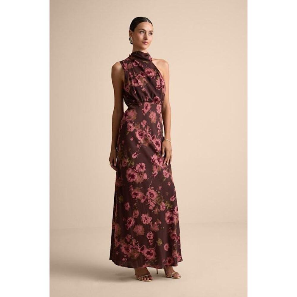 Lulus Distinctive Charm Brown Floral Satin Asymmetrical Maxi Dress - Size S